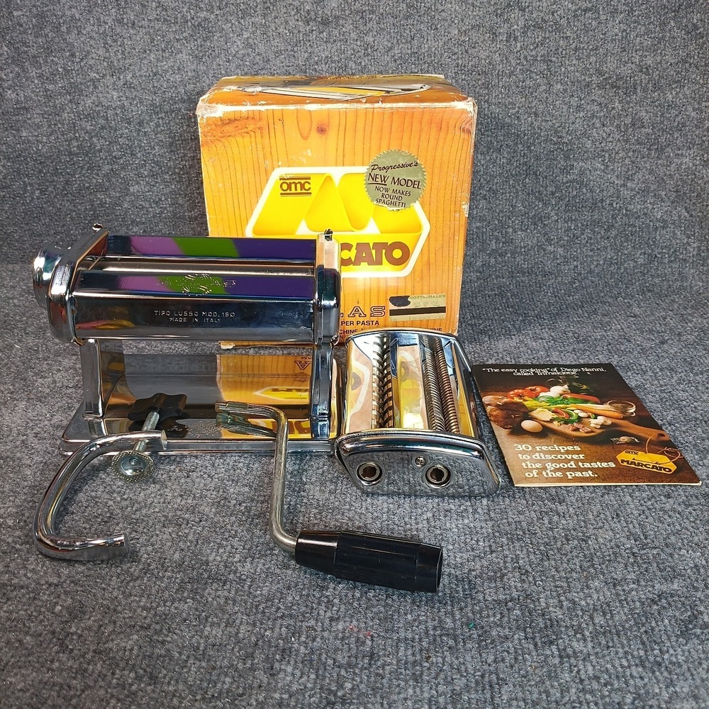 Marcato Atlas 150 Vintage Pasta Noodle Maker Spaghetti Attachment Box Italy